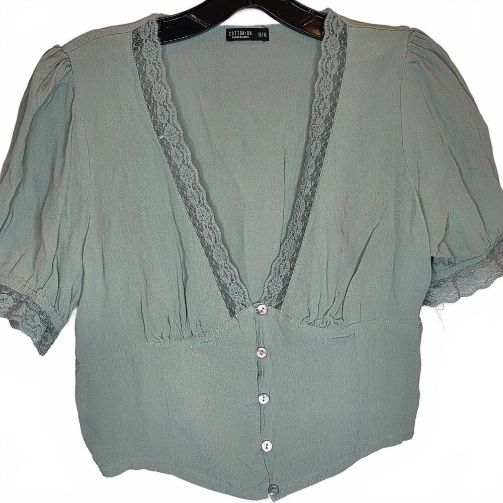 Cotton On Women's Light Green Cropped Lace Trim Button-Up Blouse Size Medium